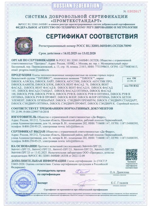 Сертификат соответствия ТУ 23.99.19-004-22995710-2018 на плиты теплоизоляционные минераловатные на основе горных пород базальтовой группы